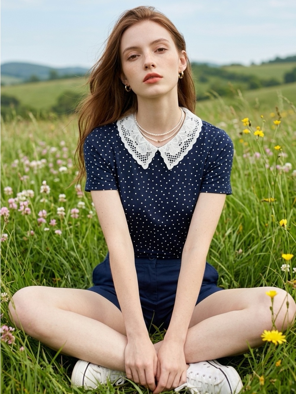 Faith and Joy Navy and White Polka Dot Top with Peter Pan Lace Collar